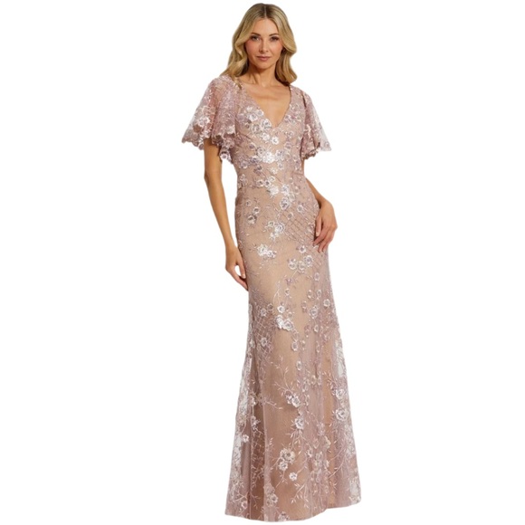 Mac Duggal Pink Embellished Sequin Lace V Neck Butterfly Sleeve Gown 10 New